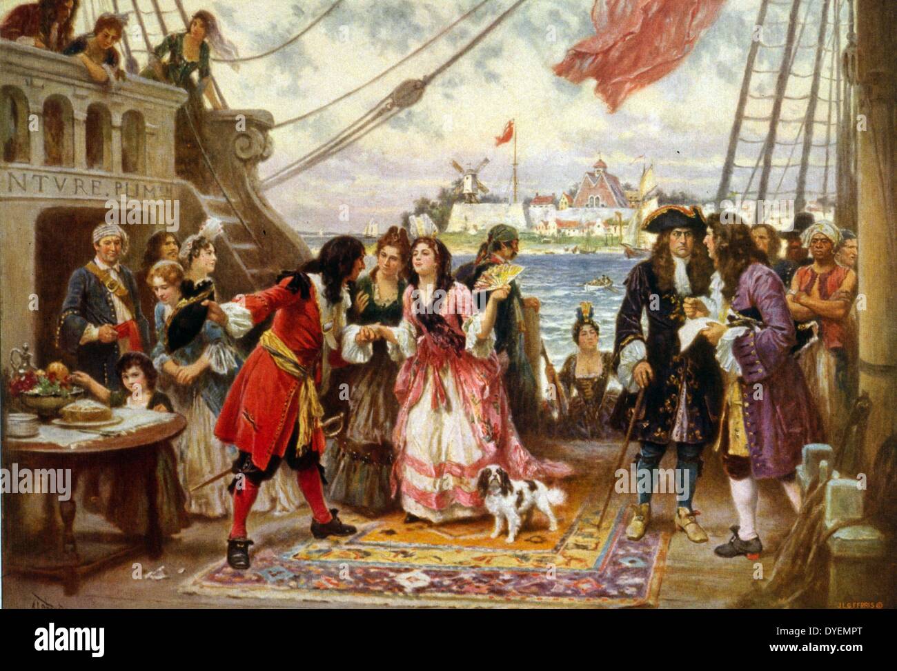 Captain Kidd in New York Harbour by Jean Leon Gerome Ferris 1863-1930, artist. Published: Cleveland, Ohio 1932. photomechanical print in halftone, colour showing Captain William Kidd welcoming a young woman on board his ship; other men and women crowd the deck as another woman steps aboard. Stock Photo
