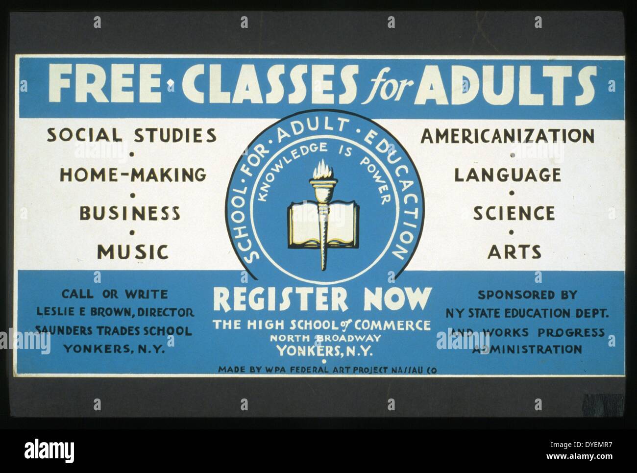 print on board (poster) silkscreen, announcing free adult education classes in such areas of study as 'social studies, home-making, business, music, Americanization, language, science, arts' to be held at the School for Adult Education, The High School of Commerce, North Broadway, Yonkers, New York. 1936-1939 Stock Photo
