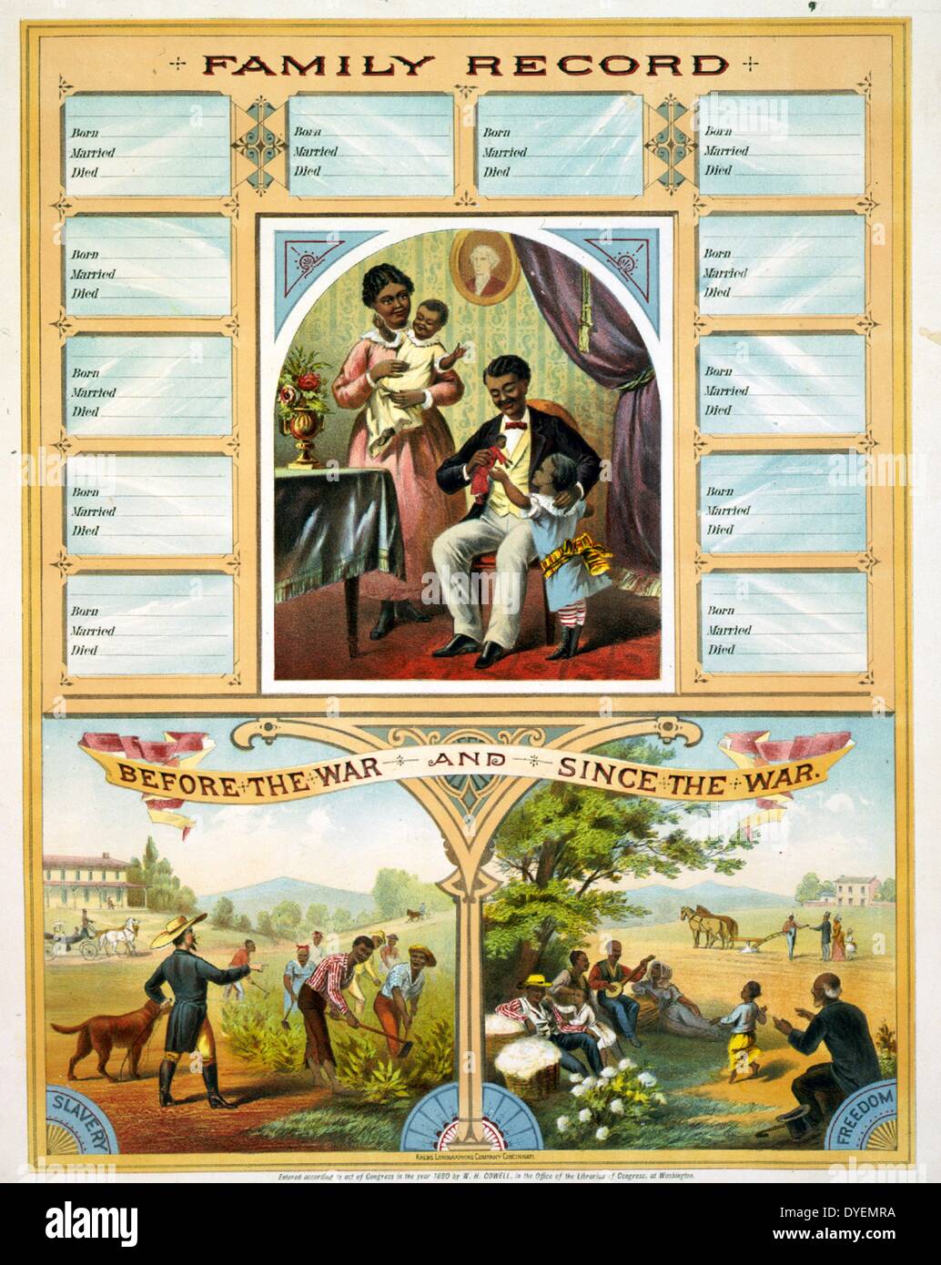 Family record. Before the American Civil war and since the war. Published c1880. chromolithograph. A chart exhibiting two farms, contrasting slavery with freedom in connection with a family record. 1880 Stock Photo