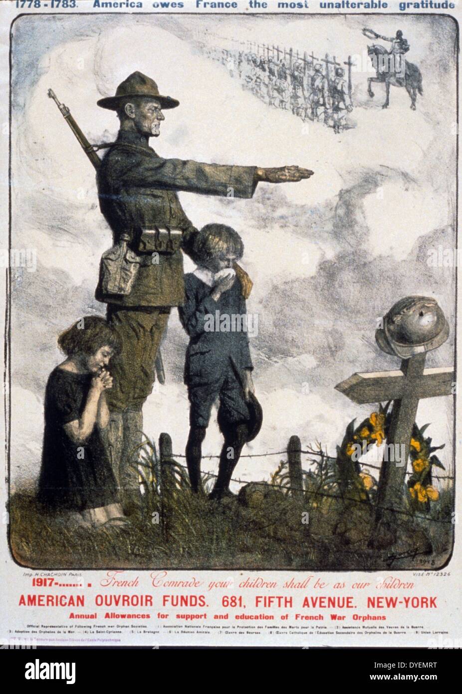1778-1783 America owes France the most unalterable gratitude. 1917. French comrade, your children shall be as our children. American Ouvroir Funds. Poster by Lucien Jonas, 1880-1947, artist, [1918]. An American soldier standing with two children at the grave of a French soldier. Stock Photo