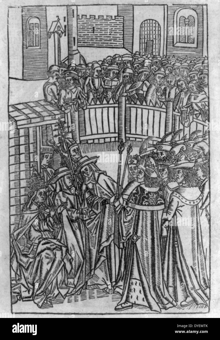 Pope Urban II urging kings and knights to join a Crusade, Nov. 1095 woodcut published ca. 1486. Stock Photo