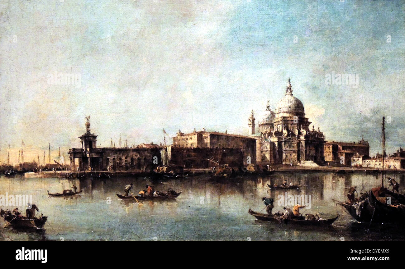 Santa Maria della Salute and the Dogana, Venice, c. 1770 by Italian painter, Francesco Guardi (1712-1793). He was a Venetian painter of veduta, a member of the Venetian School.  He is considered to be among the last practitioners, along with his brothers, of the classic Venetian school of painting.  Oil on canvas.  Birmingham Museum. Stock Photo