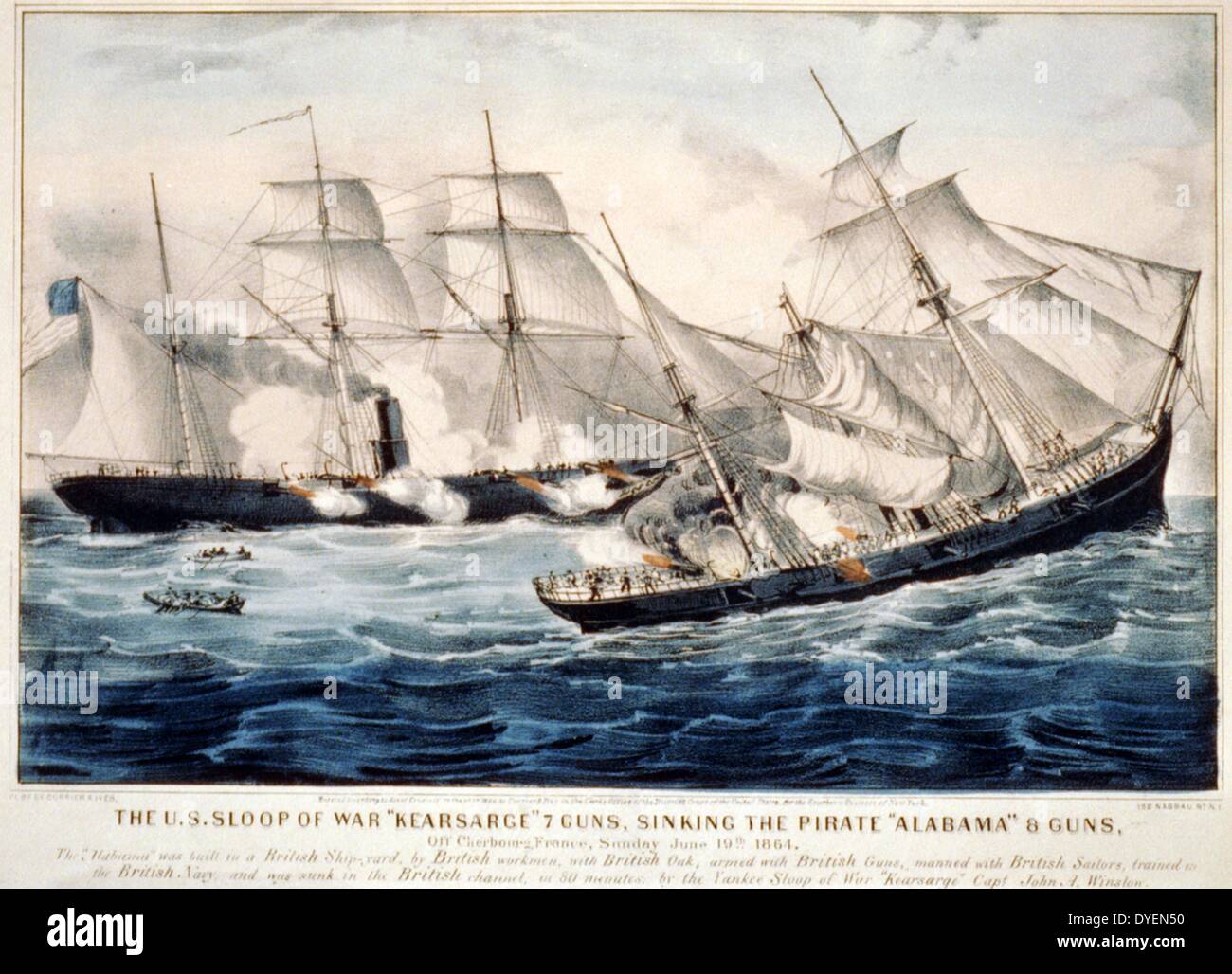 U.S. sloop of war 'Kearsarge' 7 guns, sinking the pirate 'Alabama' 8 guns: off Cherbourg, France, Sunday June 19th. 1864. Illustration by Currier & Ives. c1864. Stock Photo