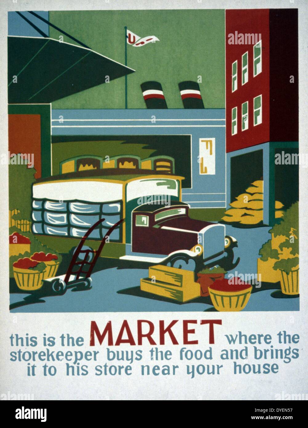 poster stating 'This is the market where the storekeeper buys the food and brings it to his store near your house'. Federal Art Project, 1936 or 1937print on board (poster), Stock Photo