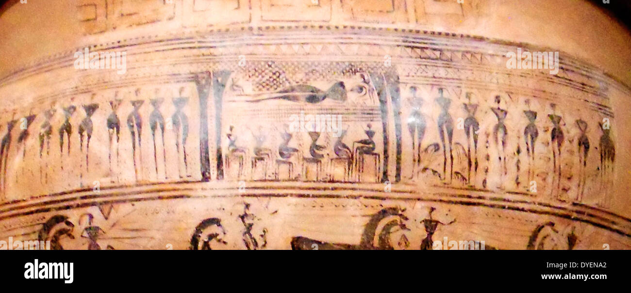 Detail from a Terracotta Krater (Large vase), Greek, 725BC  Depicts a funeral scene Stock Photo