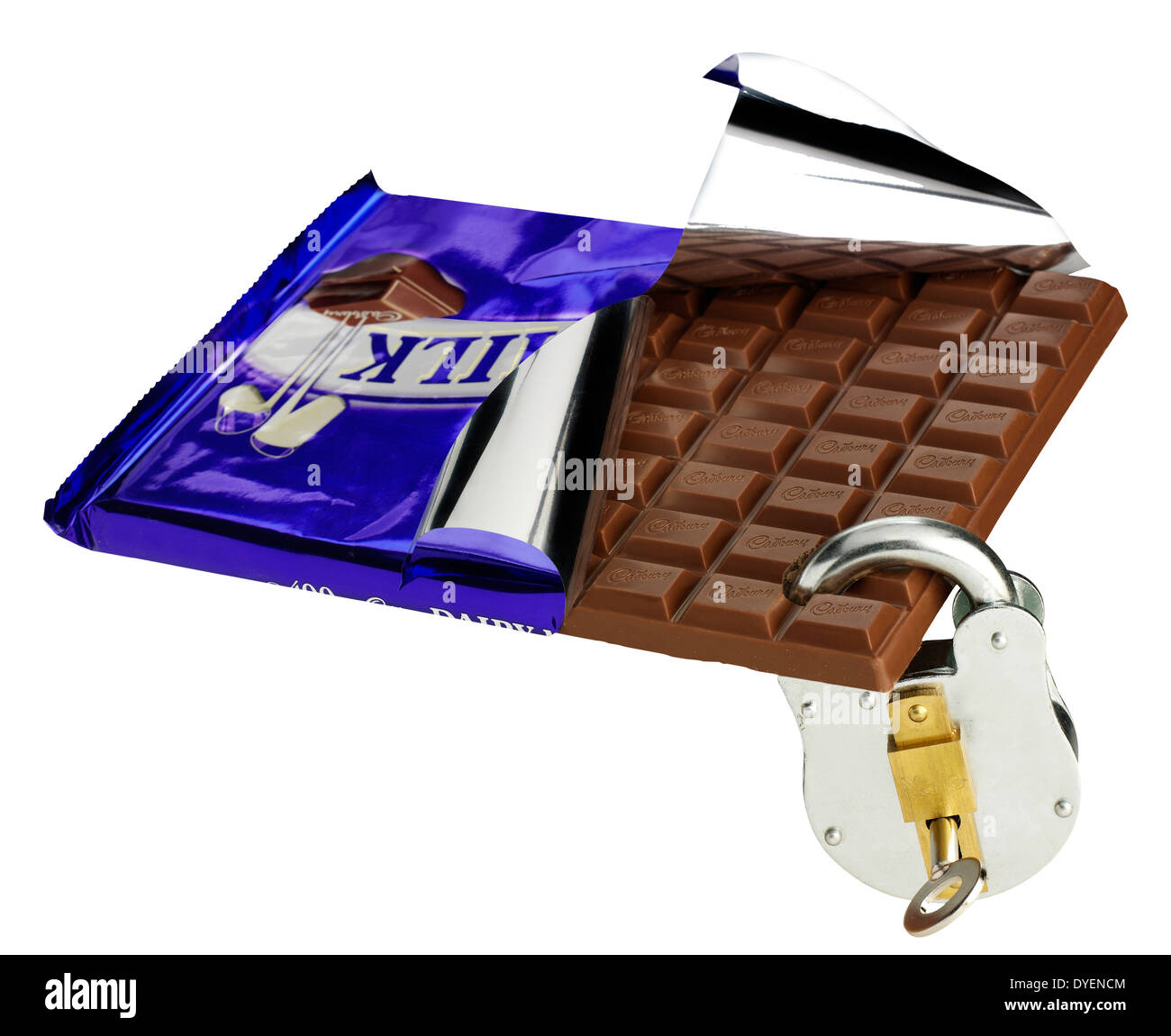 A LARGE BAR OF DAIRY MILK CHOCOLATE HALF UNWRAPPED WITH A PADLOCK AND