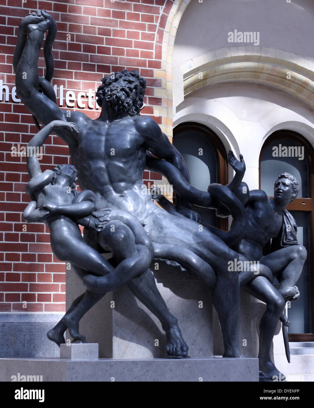 Bronze sculpture of laocoon by Francesco Righetti ( 1749-1819 ). Atrium courtyard of the Rijksmuseum, Amsterdam, Netherlands. Laocoon was a Trojan priest of Poseidon, whose rules he defied, either by marrying and having sons. He was subsequently subject to divine execution by two serpents. Stock Photo