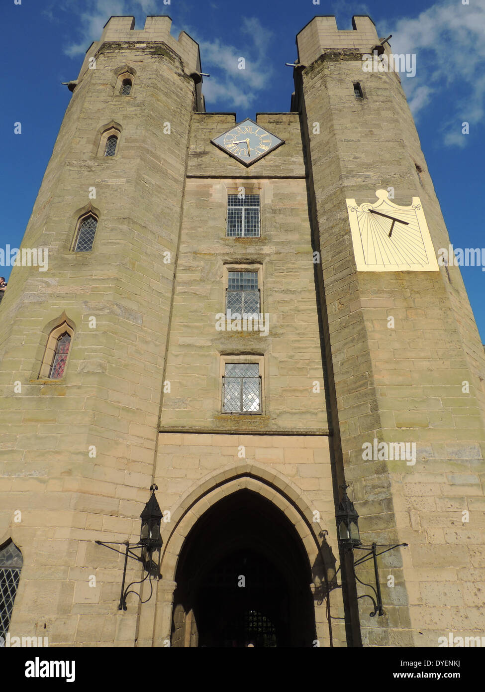 Sundial mounted on the entrance tower to at Warwick Castle dates to the 1700s. Stock Photo