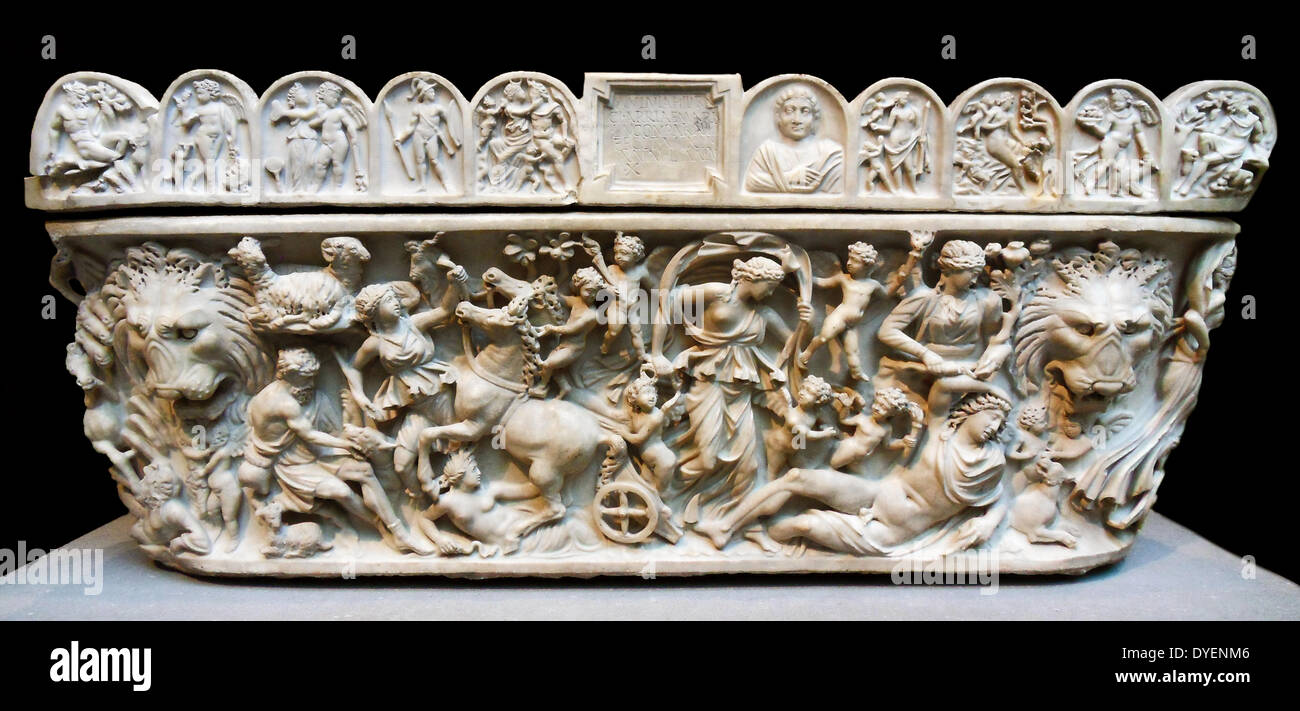 marble sarcophagus with the myth of Selene and endymion,  early 3rd century A.D. Roman. An inscription at the centre of the lid informs us that this trough-shaped sarcophagus was dedicated to a woman named Arria, who lived fifty years and ten months, by her daughter Aninia Hilara. Endymion was been granted eternal youth and eternal sleep. Stock Photo