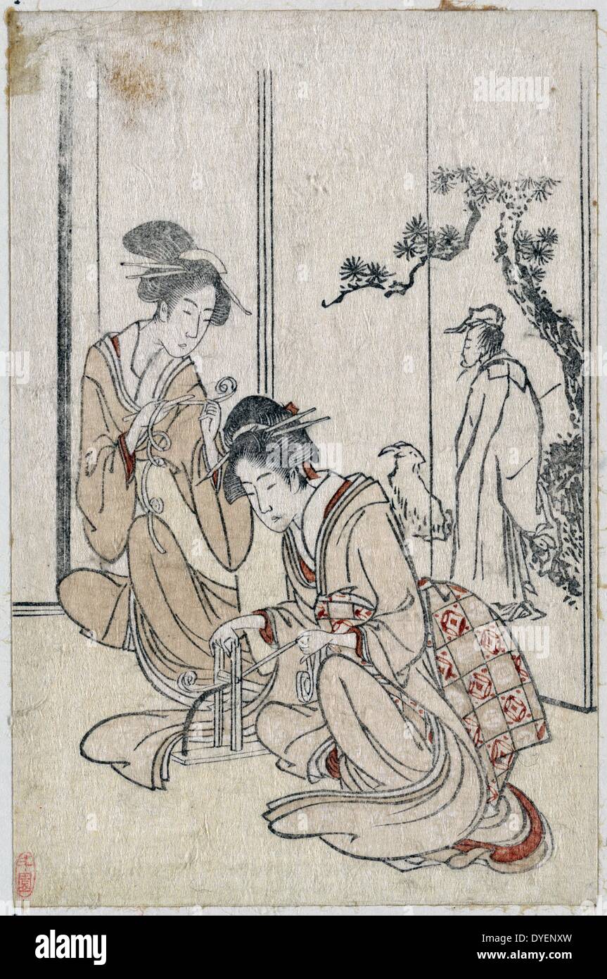 Motoyui o tsukuru musume (Translation: Young woman braiding a cord before a screen depicting the Chinese sage Huang Shangping). By Hokusai, 1760-1849 , artist 1799. Stock Photo