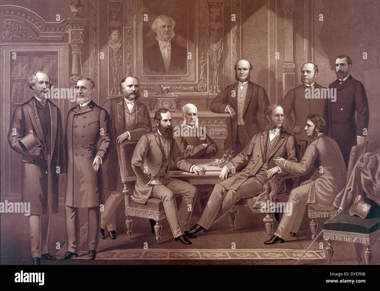 The kings of Wall Street Published 18820101. Illustration depicting famous American financiers and industrialists and bankers. From left Cyrus Westfield, Russell Sage, Rufus Hatch, Jay Gould, Sidney Dillon, Darius, Ogden Mills, William Henry Vanderbilt and August Belmont, George Ballou and James Keane a portrait of Cornelius Vanderbilt hangs above the group. Stock Photo
