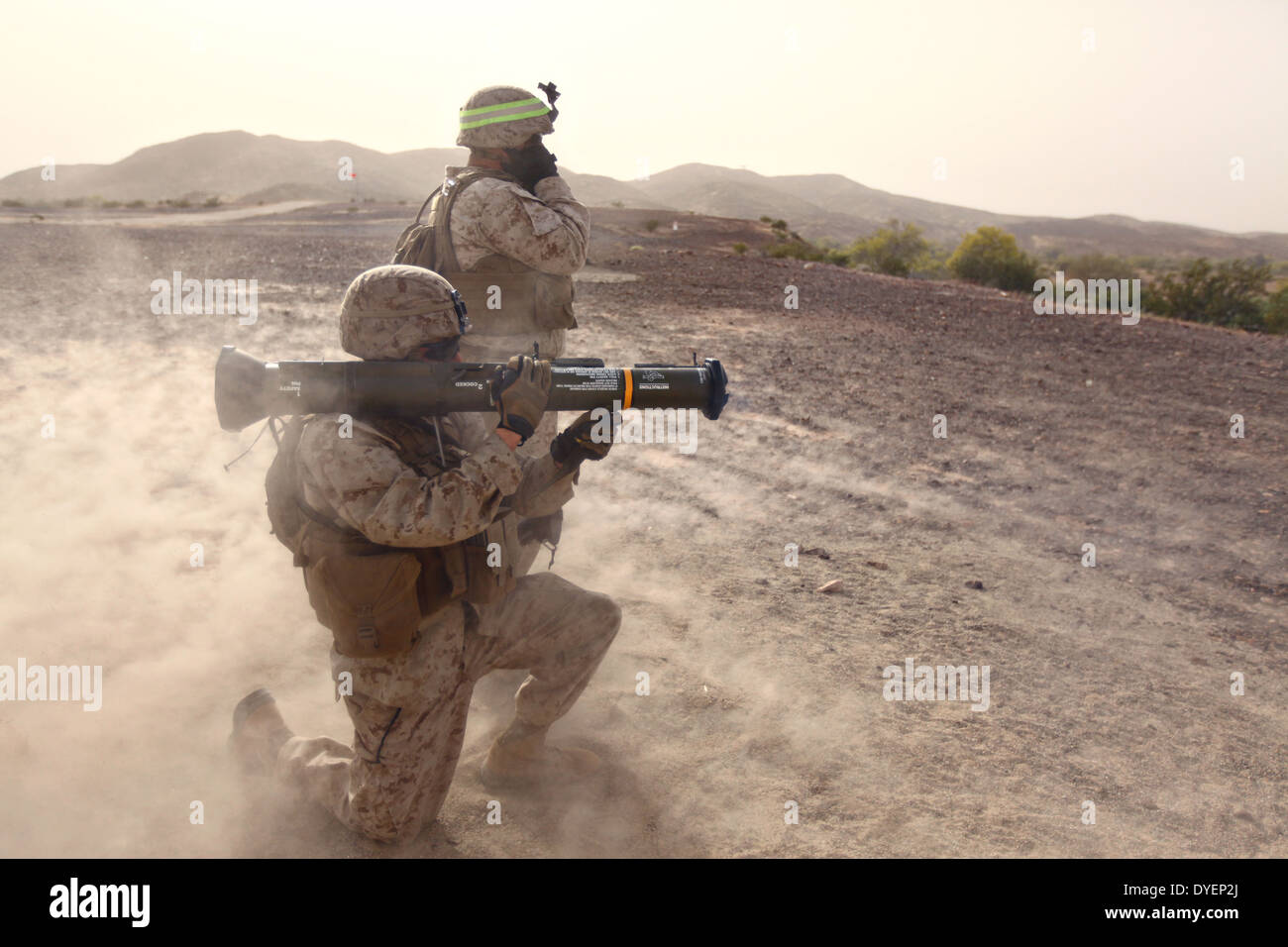 A US Marine Corps rifleman fires a M136E1 Anti-Tank 4 rocket during Talon Exercise March 26, 2014 in Yuma, Arizona. Stock Photo