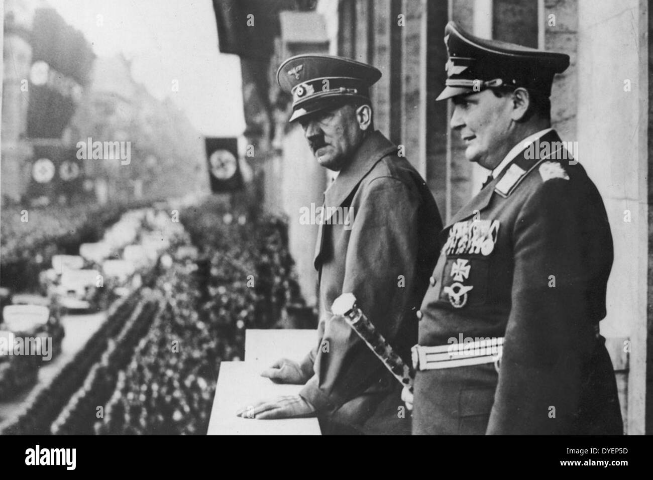 Hermann Goring and Adolf Hitler review a parade in Prussia 1938 Stock Photo