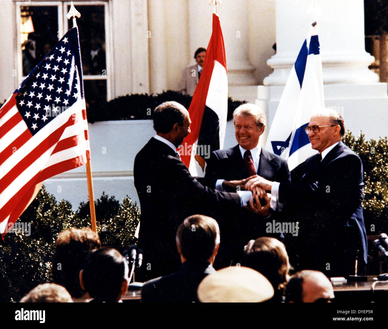 Anwar El Sadat, Jimmy Carter and Menachem Begin at White House, to sign the 1979 Egypt–Israel Peace Treaty Stock Photo