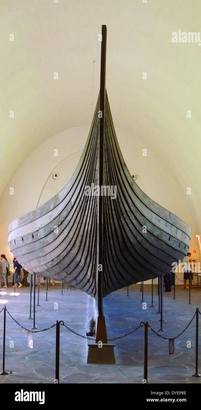 The Oseberg ship . A Viking ship discovered in a large burial mound at the Oseberg farm near