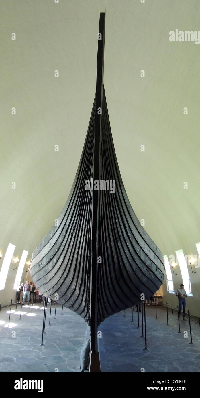 The Oseberg ship . A Viking ship discovered in a large burial mound at the Oseberg farm near