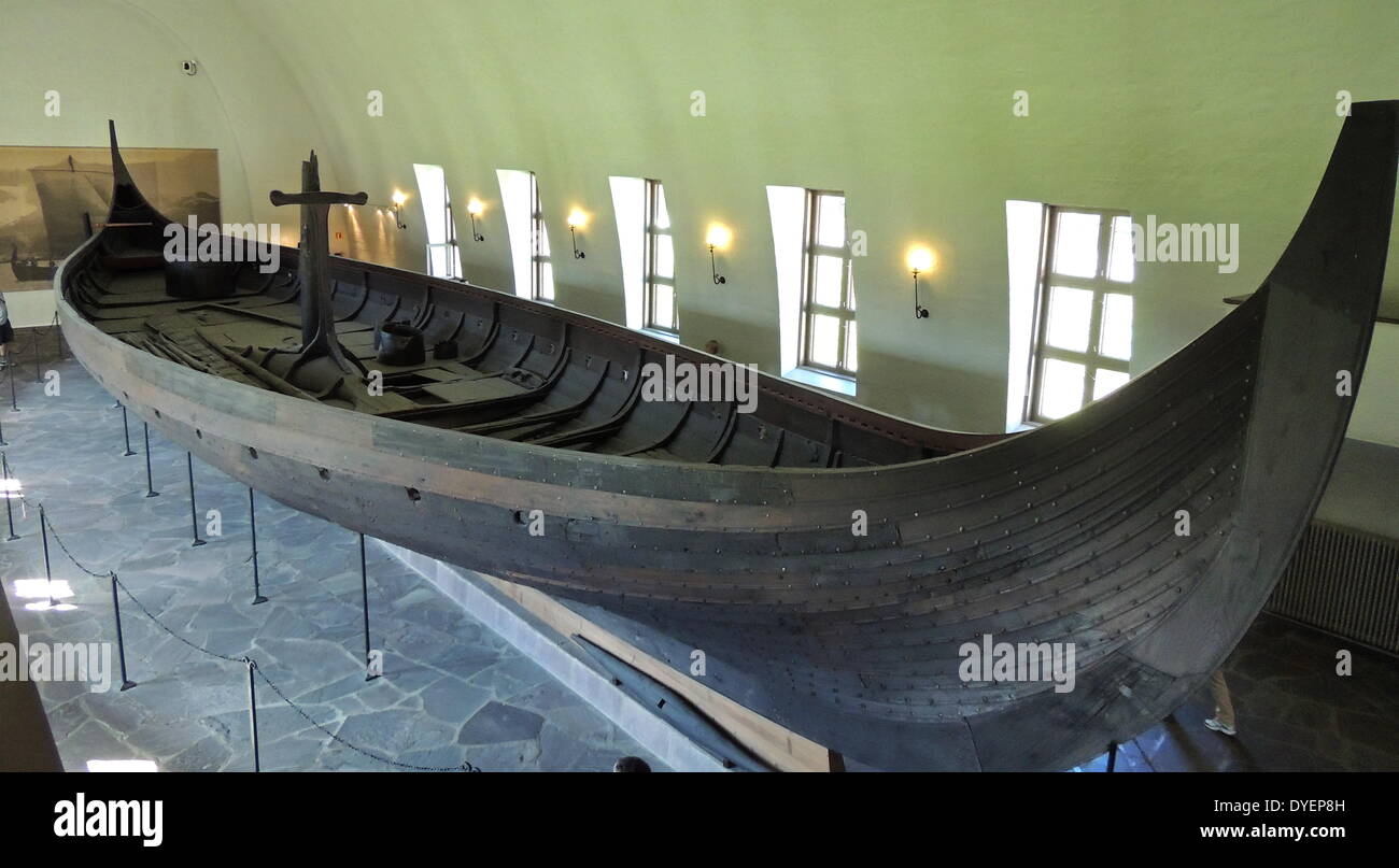 The Oseberg ship . A Viking ship discovered in a large burial mound at the Oseberg farm near