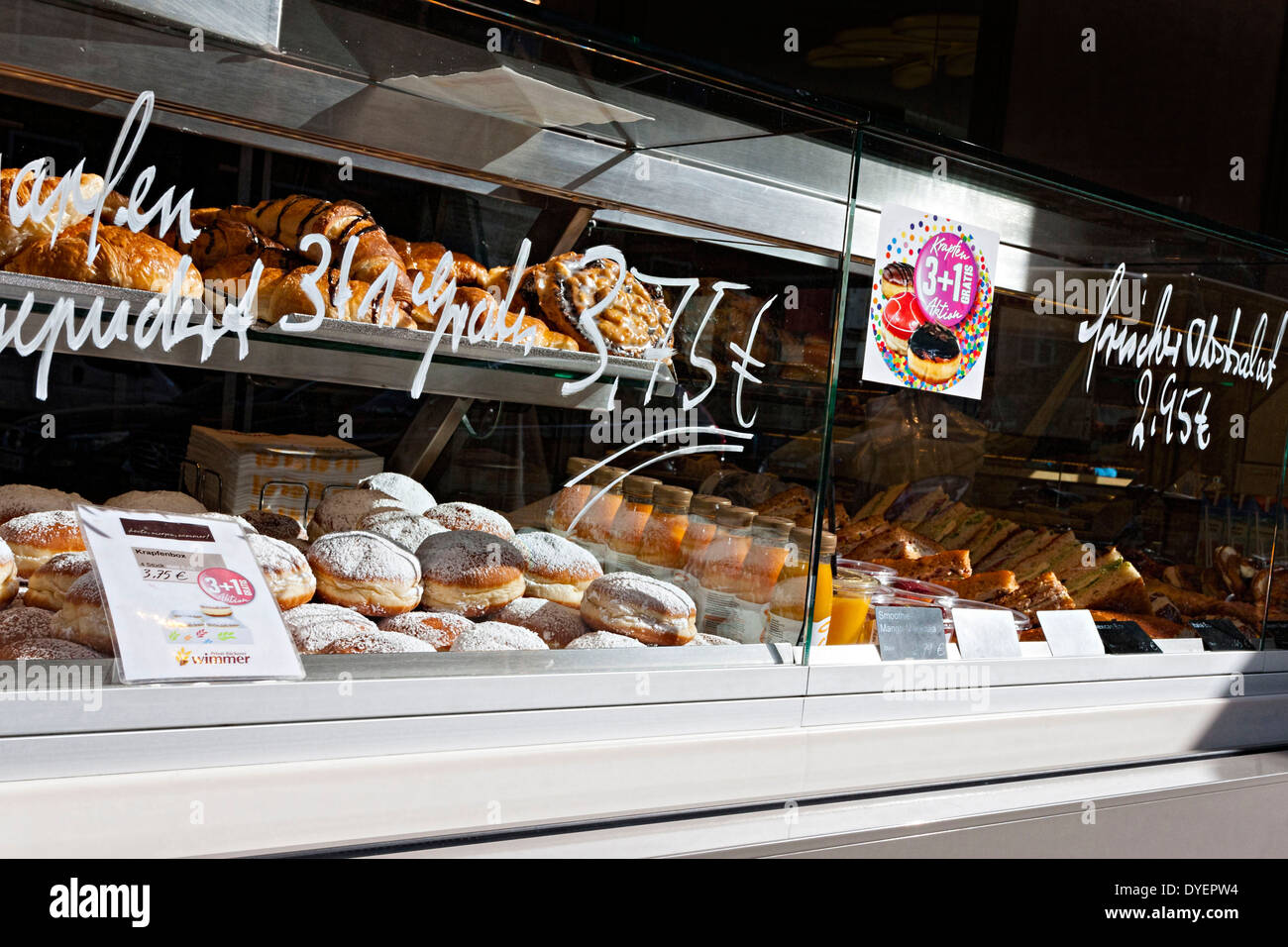 German bakery display showcase, with cakes,sandwiches,drinks, Munich