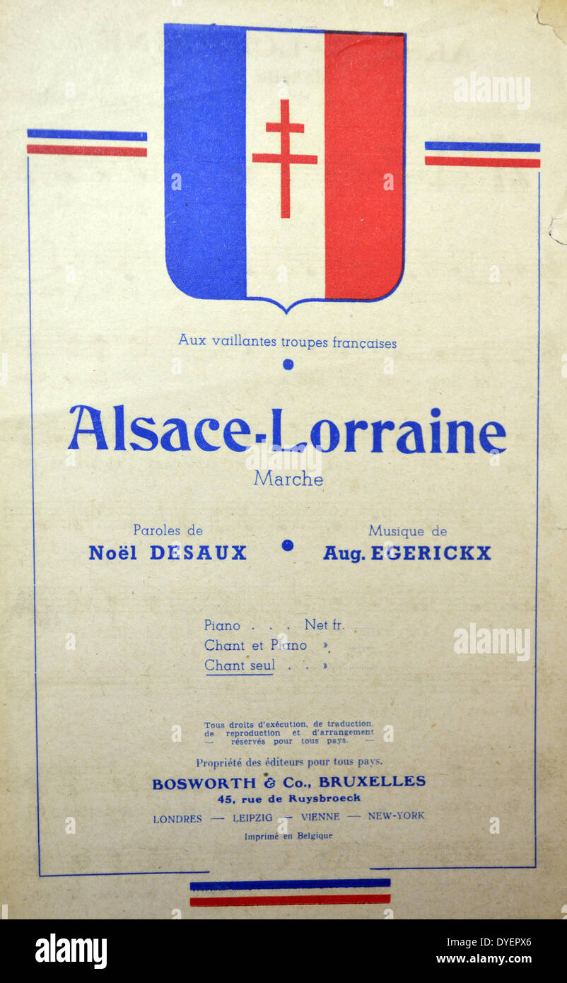 Cover of French patriotic song sheet 'The Alsace-Lorraine march' The cross of Lorraine (symbol of Free French Army is shown). Stock Photo