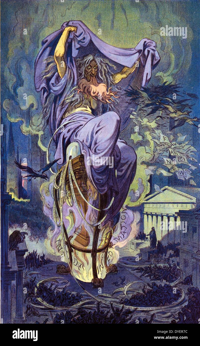 Dame rumour / Keppler. by Udo Keppler, 1872-1956, artist. Date 1909. Illustration shows an old hag sitting on a large ticker tape machine, on Wall Street, spewing 'Inside Information', 'False Financial News' and rumours that ensnare large groups of investors. Stock Photo