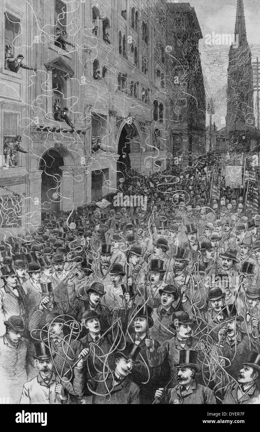 The Humour of the presidential campaign in New York City. A political procession passing down Wall Street--an avalanche of telegraphic tape 18880101. Stock Photo