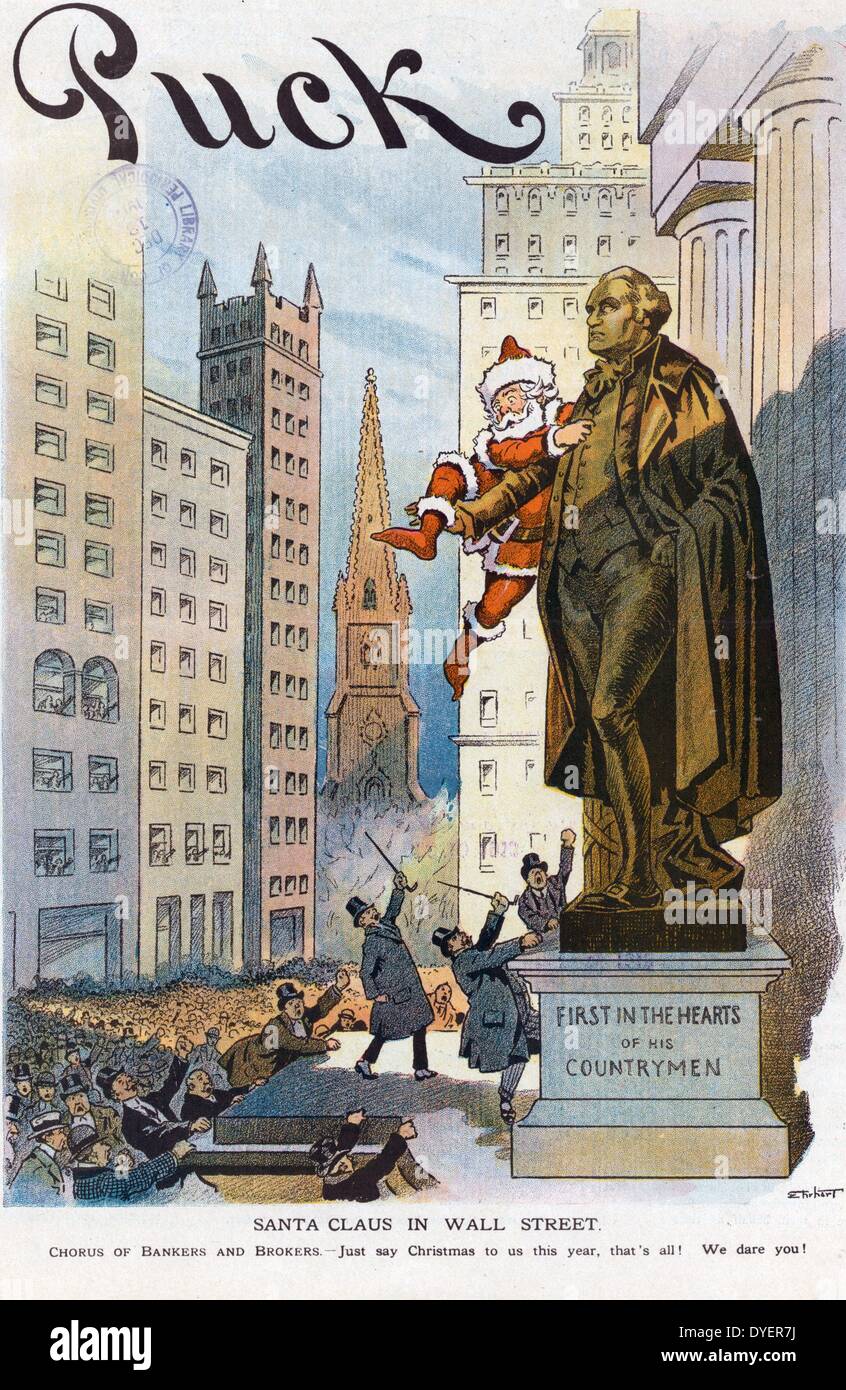Santa Claus in Wall Street by Samuel Ehrhart, 1862-1937, artist Date 19130101. Illustration shows an angry mob of bankers, brokers, and financiers threatening Santa Claus who is hanging off the statue of George Washington outside Federal Hall in Manhattan, New York City, New York. Stock Photo