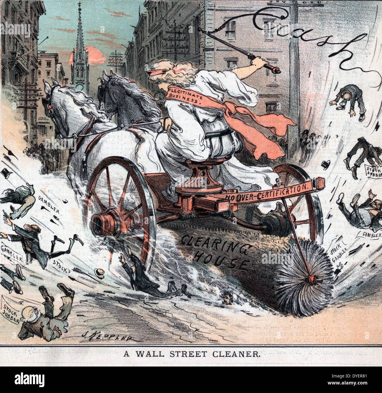Wall Street cleaner by Joseph Ferdinand Keppler, 1838-1894, artist. Published 1884. Illustration shows a woman labelled 'Legitimate Business' cracking a whip that spells 'Crash', driving a two-wheeled cart drawn by two horses with a large brush labelled 'No Over-Certification Clearing House' attached, sweeping Wall Street clean of men labelled 'Stock Jobber' and 'Stock Gambler'. Stock Photo