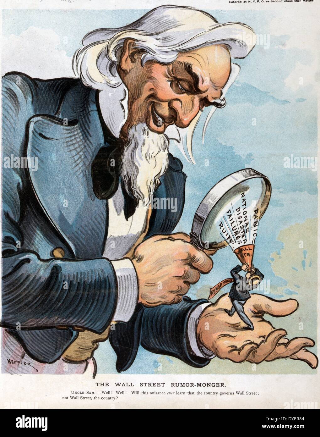 The Wall Street rumour-monger by Udo Keppler, 1872-1956, artist. Published 1903. Illustration shows Uncle Sam using a magnifying glass to see in his left hand a diminutive man labelled 'Rumour Monger' yelling 'Panic, National Disaster, Failures, and Ruin' into a megaphone labelled 'Wall Street. Stock Photo