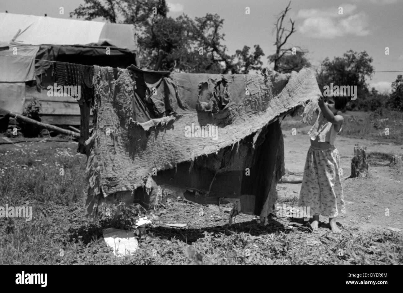 Bedding of agricultural workers' family near Vian, Sequoya County, Oklahoma by Russell lee, 1903-1986, Stock Photo