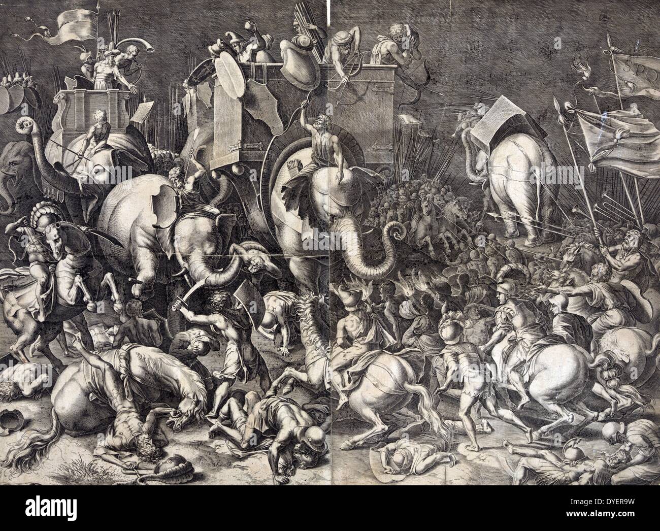 Print showing Scipio Africanus on horseback with Roman soldiers engaging Hannibal, riding a war elephant, during the battle of Zama, 202 B.C. Engraving after painting by Cornelis Cort. Stock Photo