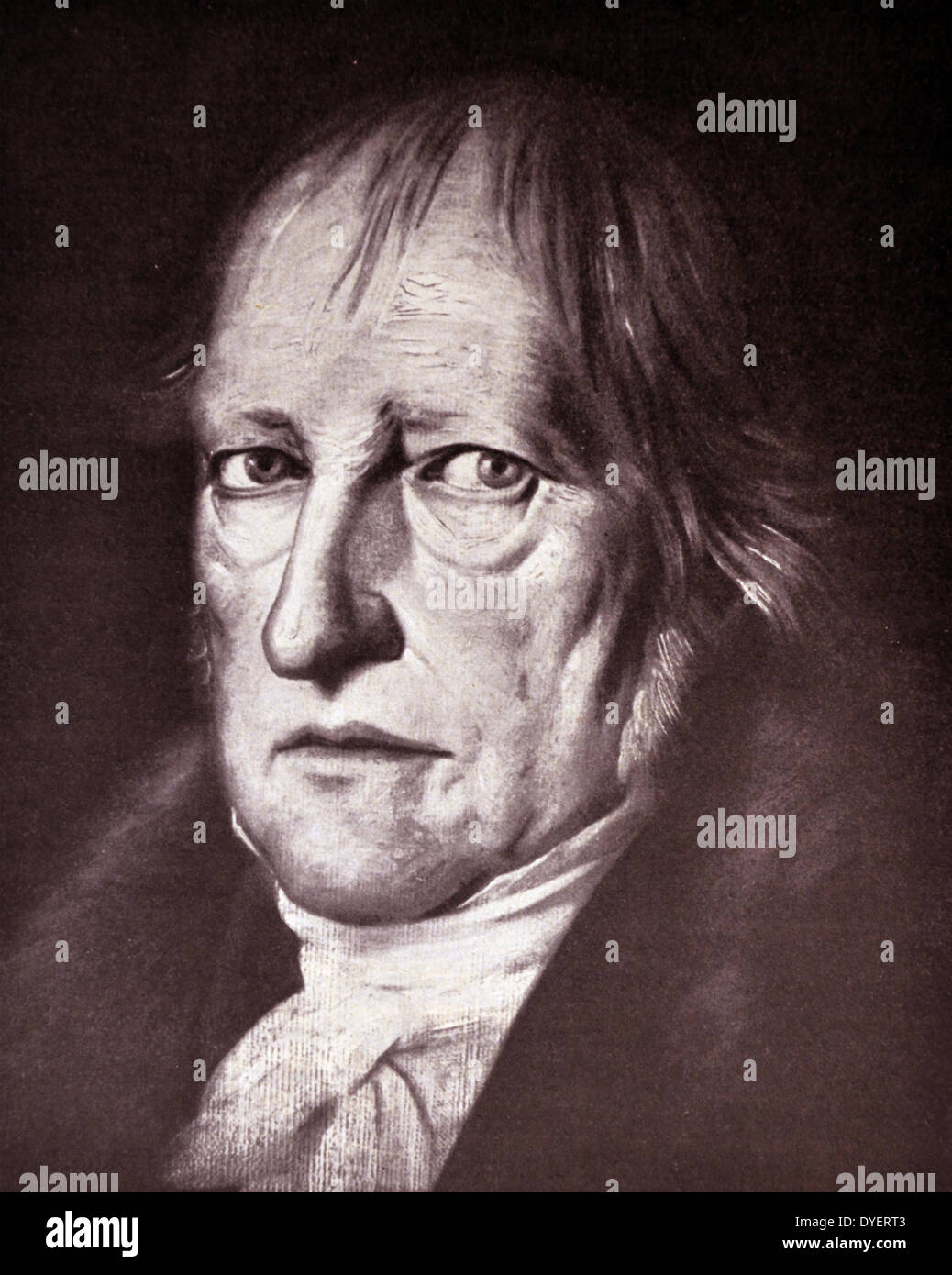Georg Wilhelm Friedrich Hegel (1770-1831) was a German philosopher, and a major figure in German Idealism. His historicist and idealist account of reality revolutionized European philosophy and was an important precursor to Continental philosophy and Marxism Stock Photo