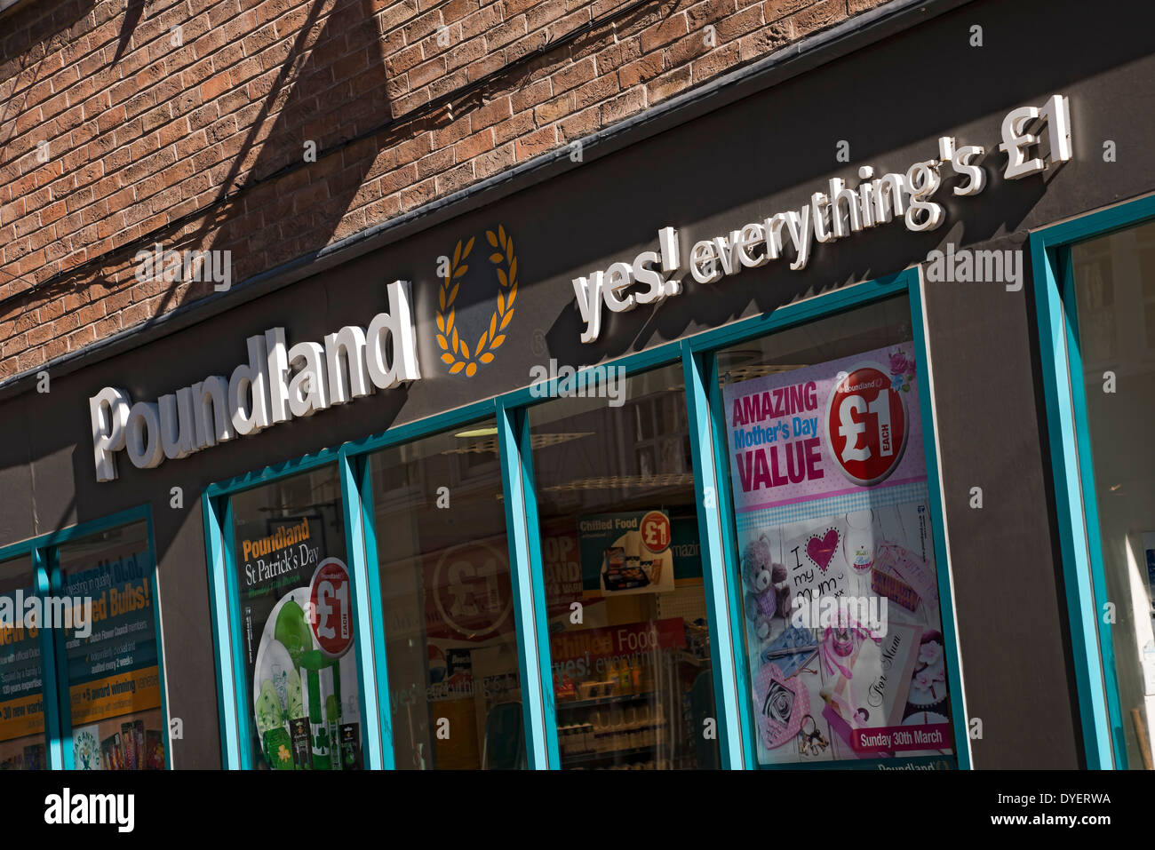 Close up of Poundland pound shop store sign signage window exterior York North Yorkshire England UK United Kingdom GB Great Britain Stock Photo