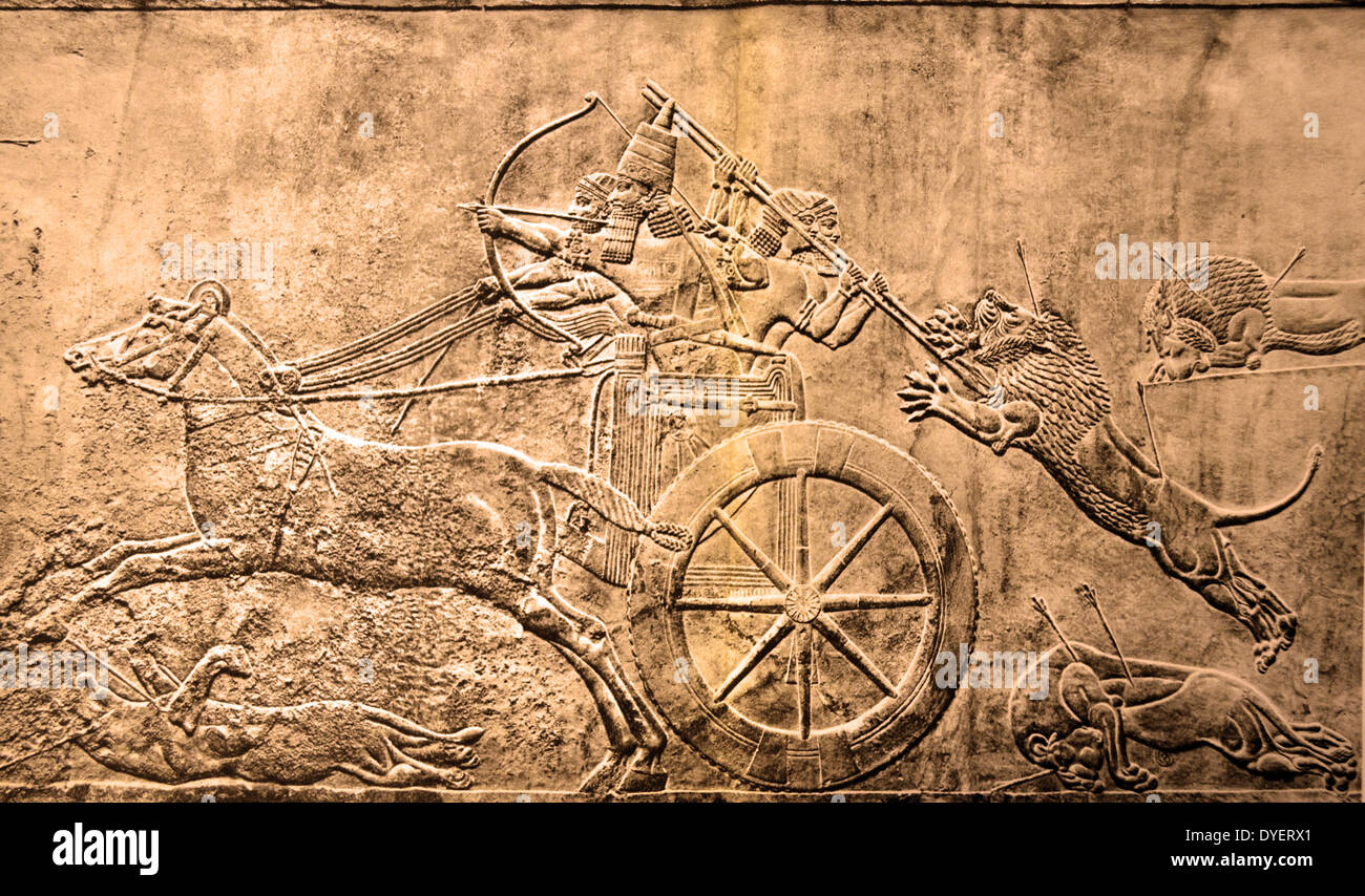 King Assurbanipal hunting lions, Nineveh, 8th century BC Stock Photo