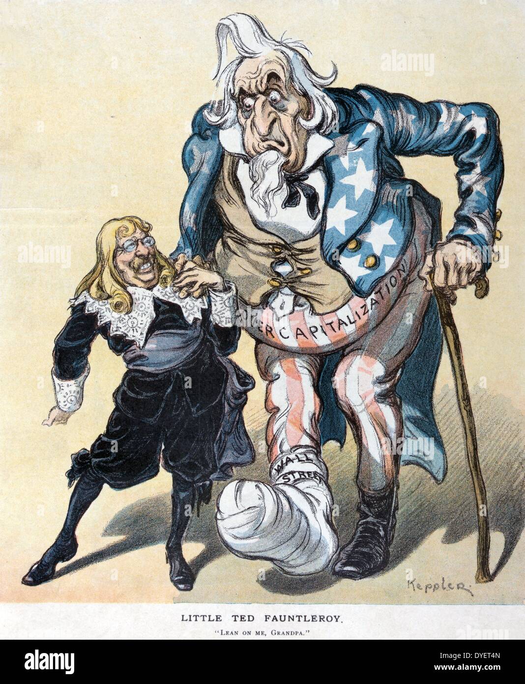 Little Ted Fauntleroy by Udo Keppler, 1872-1956, artist. published 1907. Illustration shows Theodore Roosevelt, as little Lord Fauntleroy, helping elderly Uncle Sam, bloated by 'Overcapitalization' and a bandaged right foot labelled 'Wall Street', walk with a cane. Stock Photo