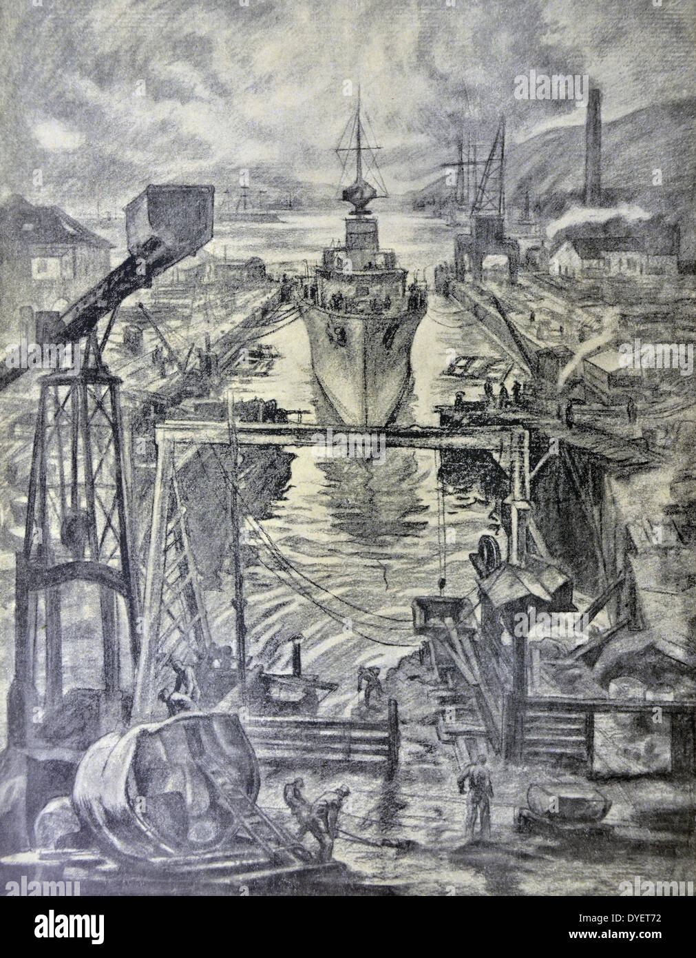 Spanish Civil War: '... At the outbreak of the Spanish Civil War (1936–1939) the shipbuilding yards, workshops, foundries and dry docks in Ferrol, Gallicia,  were taken over by the state and nationalized. drawing C. Saenz de Tejada Stock Photo