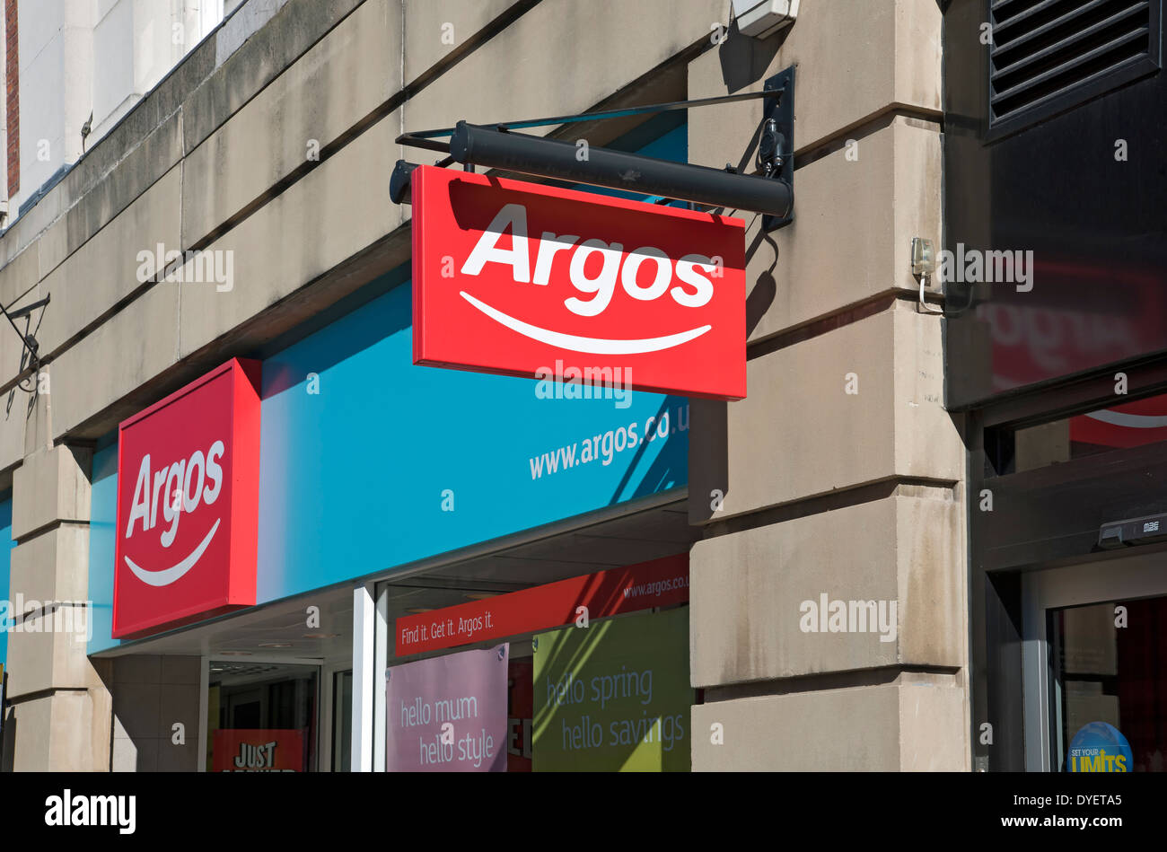 Close up of Argos shop store sign signage exterior York North Yorkshire England UK United Kingdom GB Great Britain Stock Photo