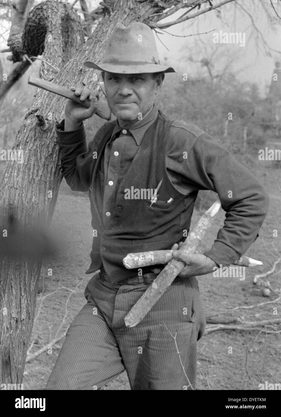 White migrant worker with hatchet and stakes to be used in setting up new camp near Harlingen, Texas by Russell Lee, 1903-1986, dated 19390101. Stock Photo