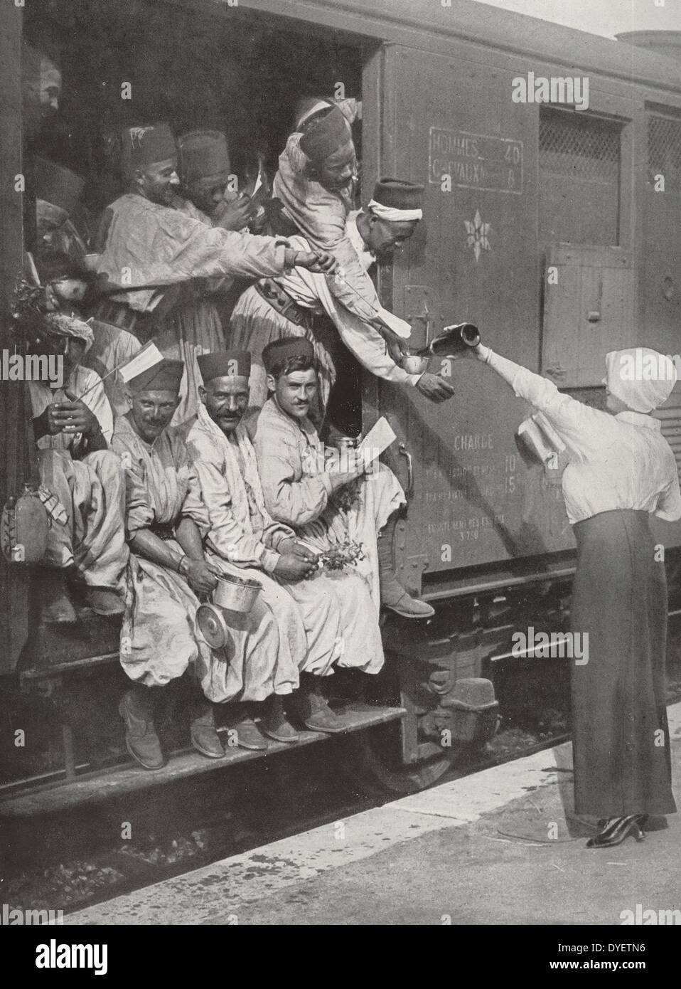 A troop train stopped at a station in Algeria, to collect French colonial forces mobilised to support France at the outbreak of World War One, 19140101 Stock Photo