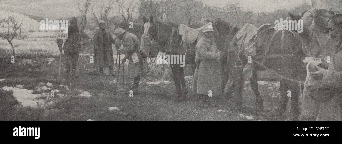French cavalry soldiers with horses, stopped by a sentry with a warning: Attention, gas cloud, ahead. This column carrying ammunition to the front line, halts as each soldier prepares his gas mask. France, Western Front, World War One 1916 Stock Photo