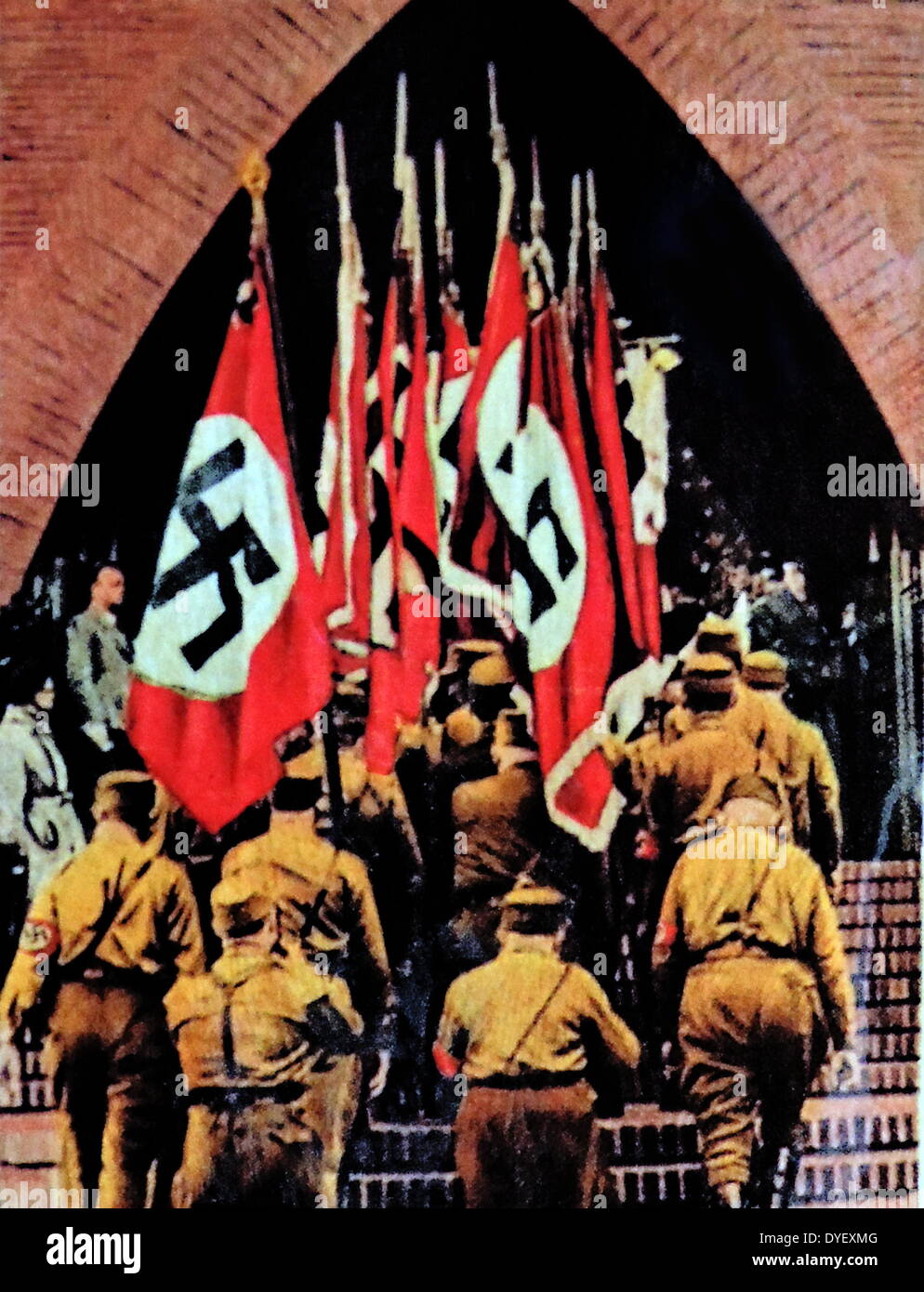 Nazi swastika flags are carried into a German Church circa 1933-36 Stock Photo