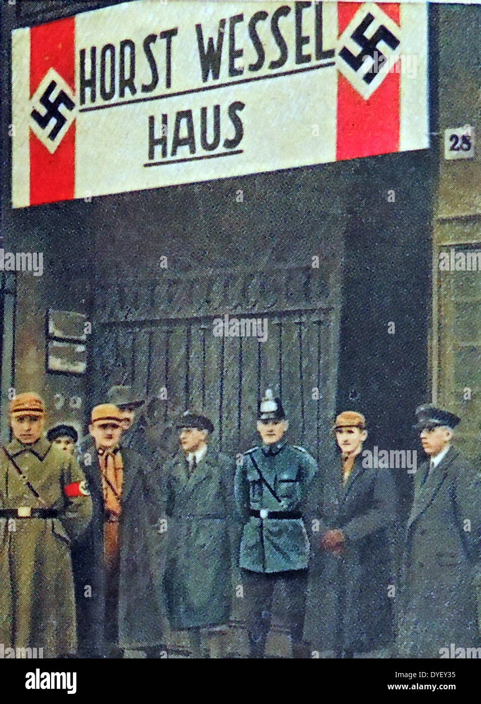 Nazi's gather in front of the Horst Wessel House. Horst Ludwig Wessel (October 9, 1907 – February 23, 1930) German Nazi Party activist and an SA-Sturmführer who was made a posthumous hero of the Nazi movement following his violent death in 1930. Stock Photo