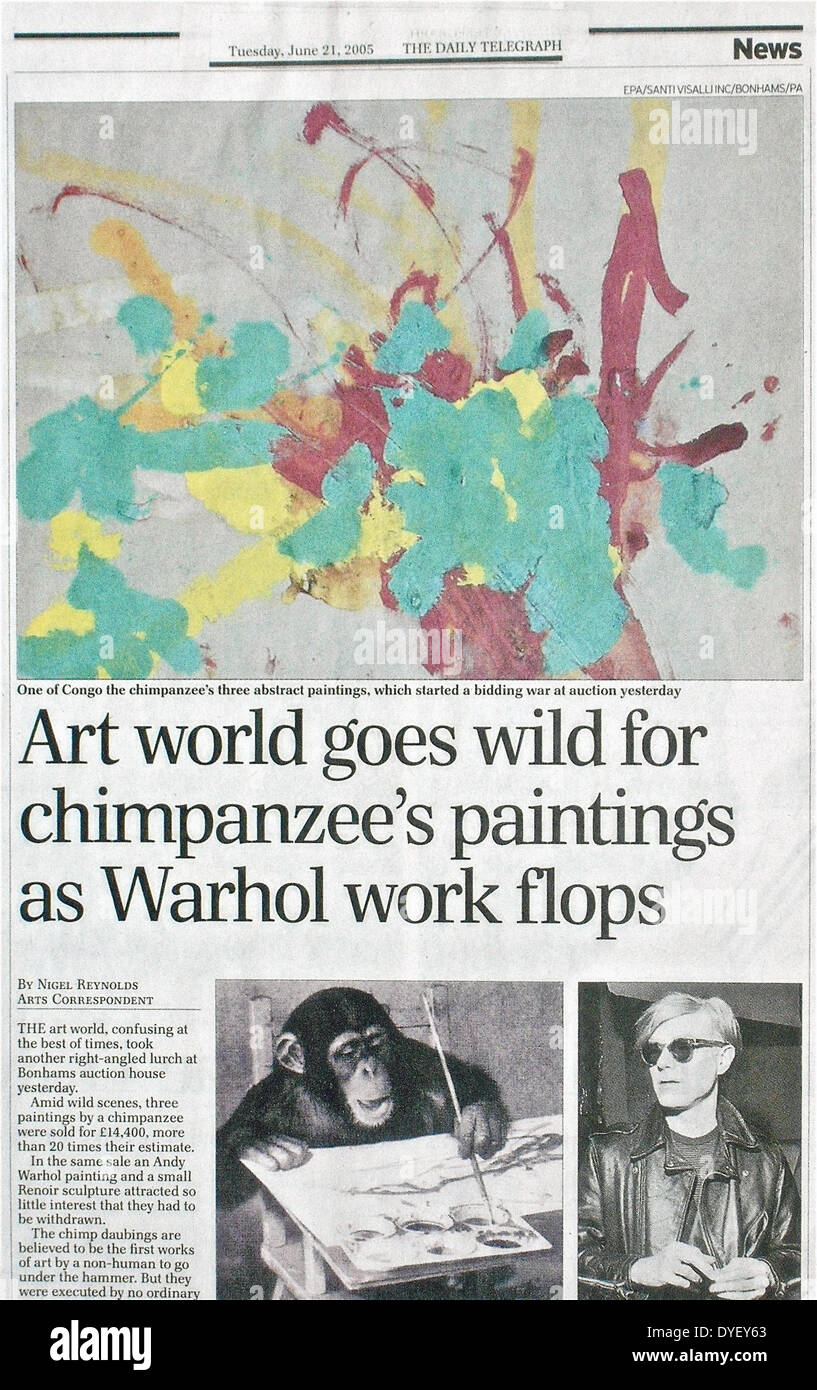 Newspaper article about the sale of three paintings by the chimpanzee 'Congo' at a Bonhams auction in London, 2005, They were sold for £14,400, Stock Photo
