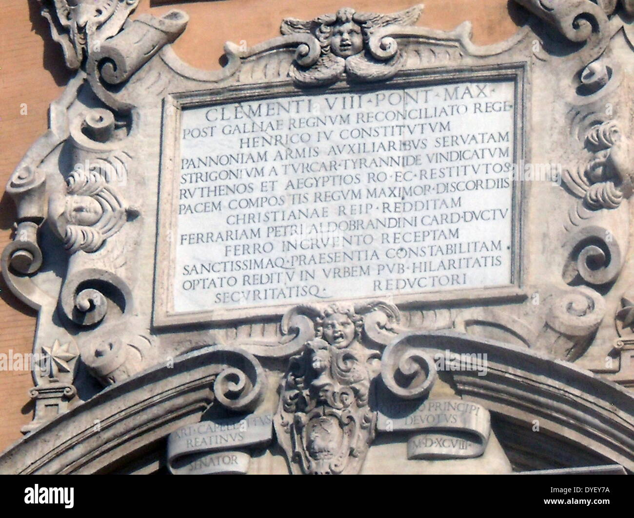 Latin inscription detail from the entrance/courtyard to the Capitolini museums, in Rome, Italy. The museums themselves are contained within 3 palazzi as per designs by Michelangelo Buonarroti in 1536, they were then built over a 400 year period. Stock Photo