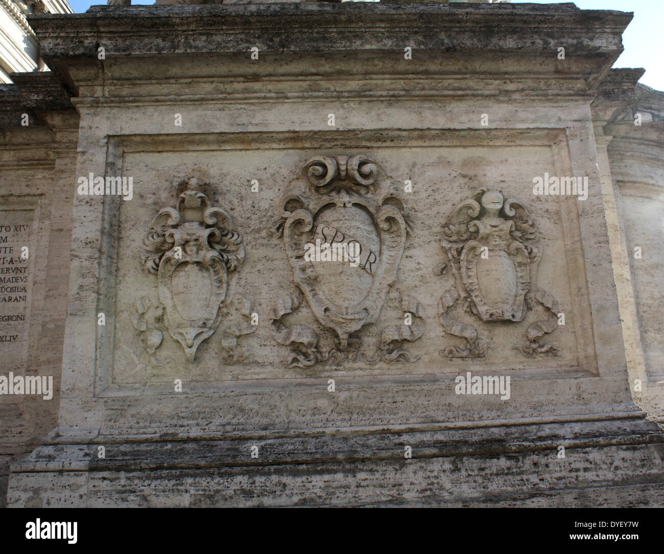 Sculptural relief detail from the entrance/courtyard to the Capitolini museums, in Rome, Italy. The museums themselves are contained within 3 palazzi as per designs by Michelangelo Buonarroti in 1536, they were then built over a 400 year period. Stock Photo