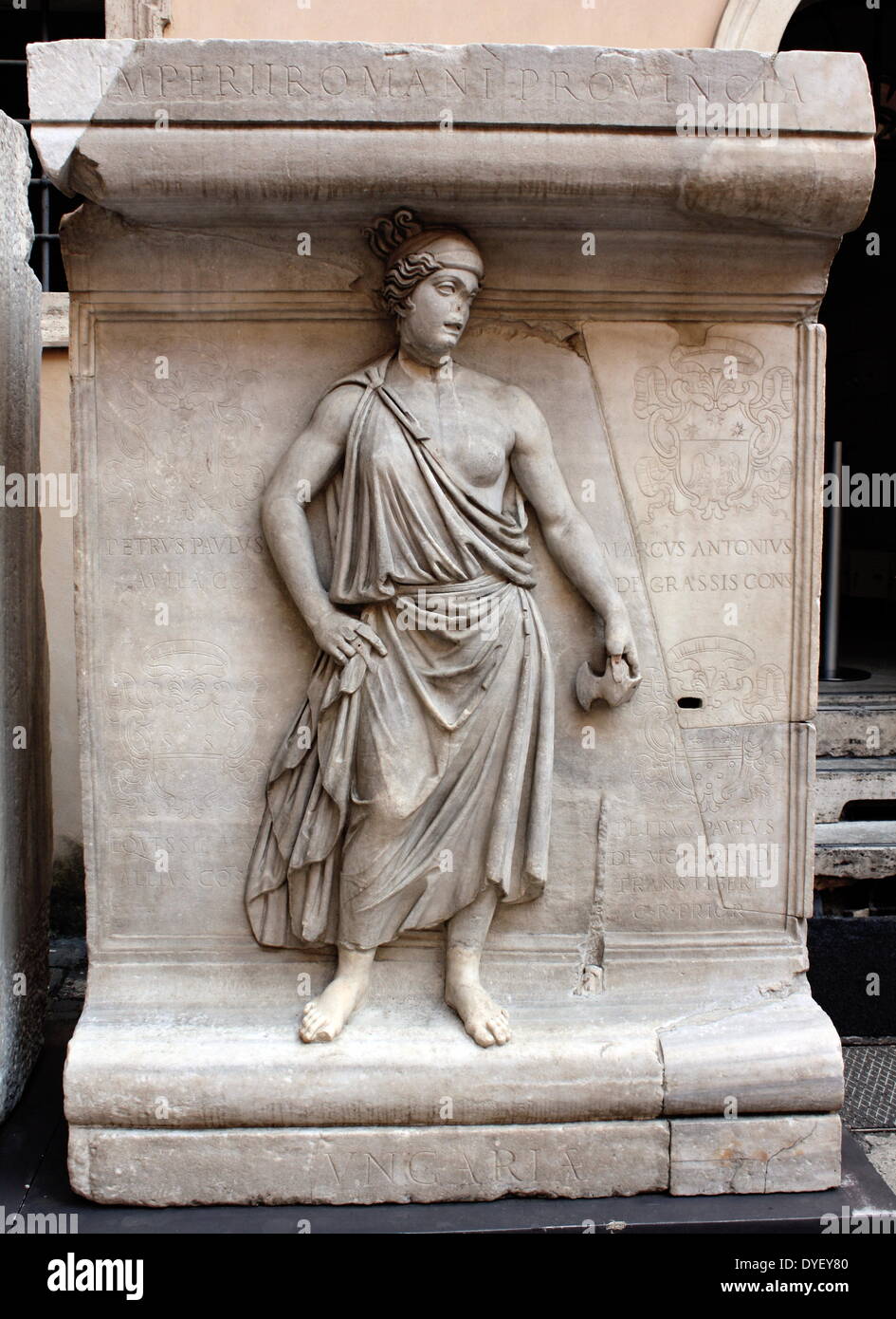 Sculptural relief detail from the entrance/courtyard to the Capitolini museums, in Rome, Italy. The museums themselves are contained within 3 palazzi as per designs by Michelangelo Buonarroti in 1536, they were then built over a 400 year period. Stock Photo