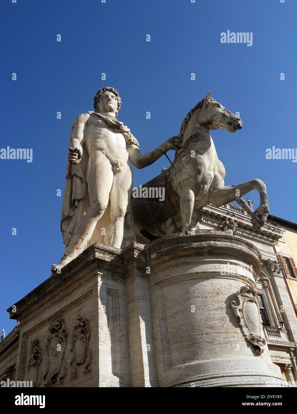 Sculptural detail from the entrance/courtyard to the Capitolini museums, in Rome, Italy. The museums themselves are contained within 3 palazzi as per designs by Michelangelo Buonarroti in 1536, they were then built over a 400 year period. Stock Photo