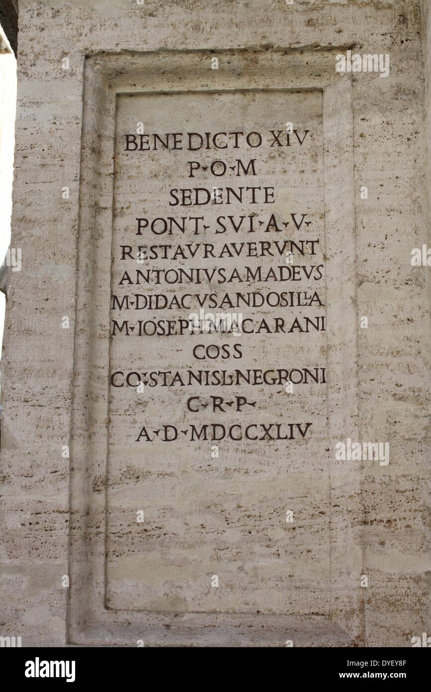 Latin inscription detail from the entrance/courtyard to the Capitolini museums, in Rome, Italy. The museums themselves are contained within 3 palazzi as per designs by Michelangelo Buonarroti in 1536, they were then built over a 400 year period. Stock Photo