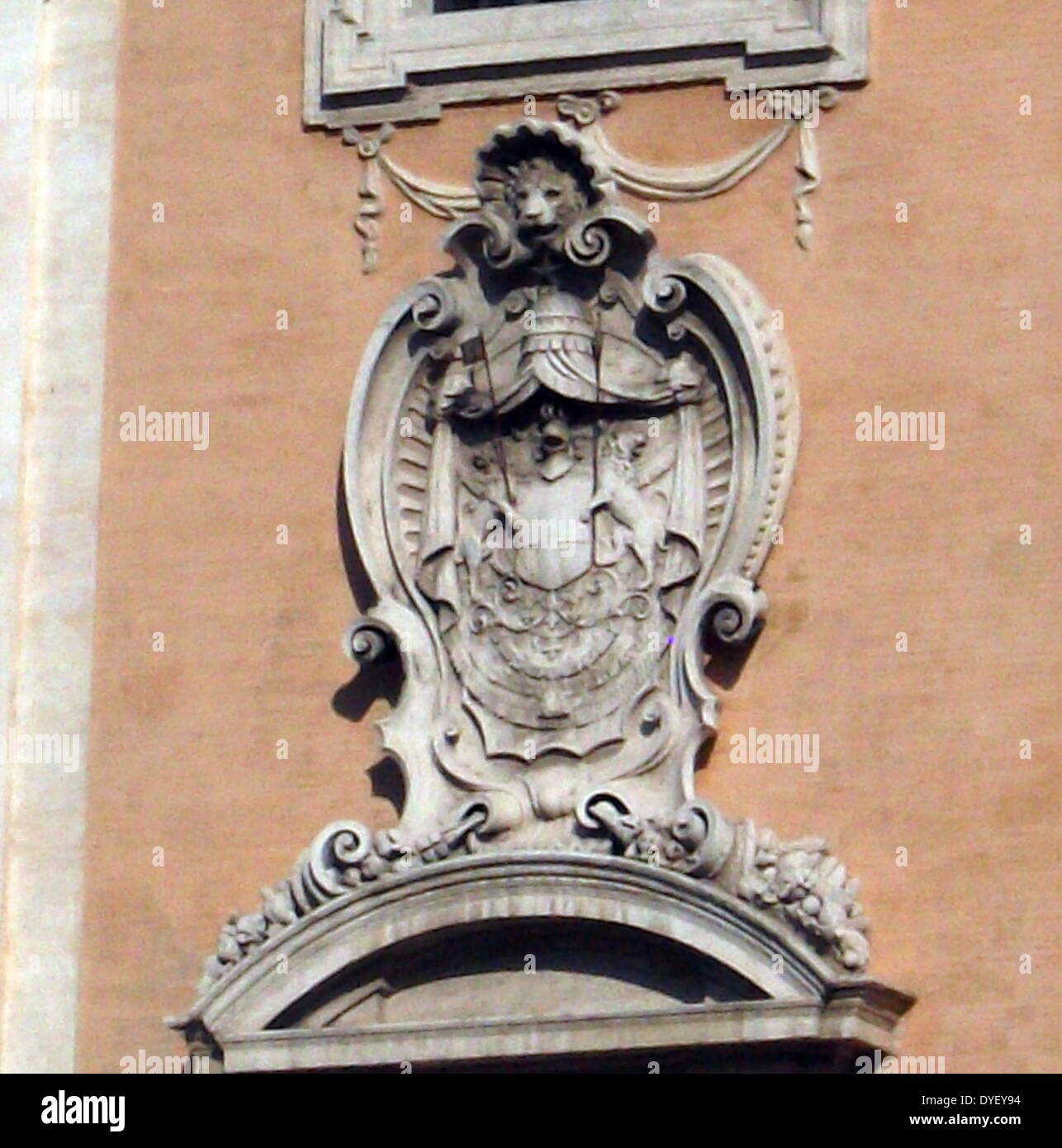 Architectural relief detail from the entrance/courtyard to the Capitolini museums, in Rome, Italy. The museums themselves are contained within 3 palazzi as per designs by Michelangelo Buonarroti in 1536, they were then built over a 400 year period. Stock Photo