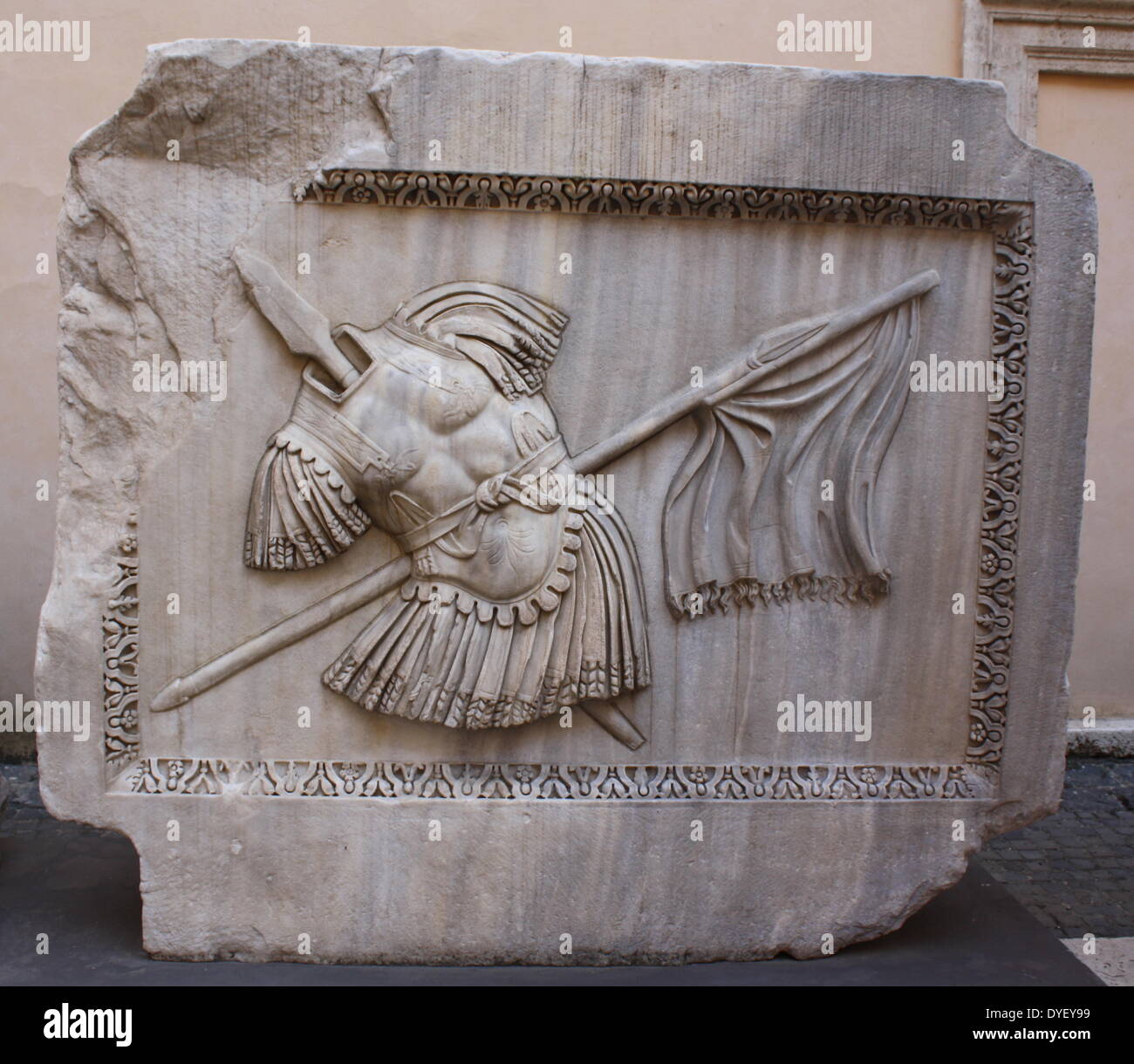 Architectural relief detail from the entrance/courtyard to the Capitolini museums, in Rome, Italy. The museums themselves are contained within 3 palazzi as per designs by Michelangelo Buonarroti in 1536, they were then built over a 400 year period. Stock Photo