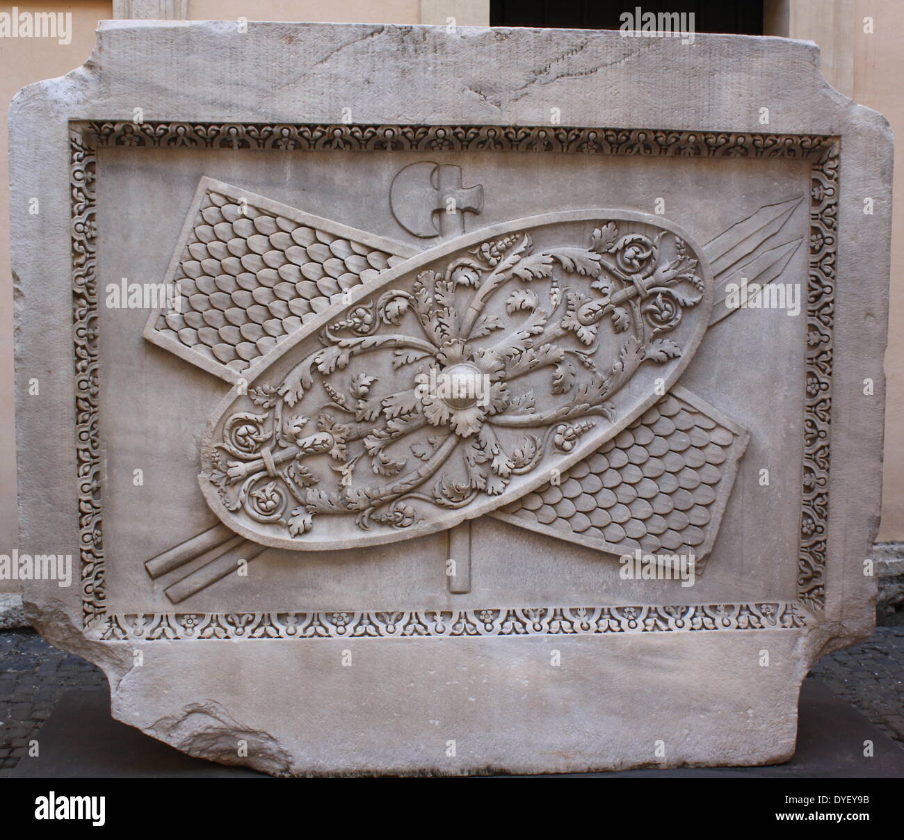 Architectural relief detail from the entrance/courtyard to the Capitolini museums, in Rome, Italy. The museums themselves are contained within 3 palazzi as per designs by Michelangelo Buonarroti in 1536, they were then built over a 400 year period. Stock Photo